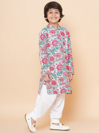 Thumbnail for Boys Off White & Pink Printed Kurta with Salwar for Kids - Bhama - Distacart