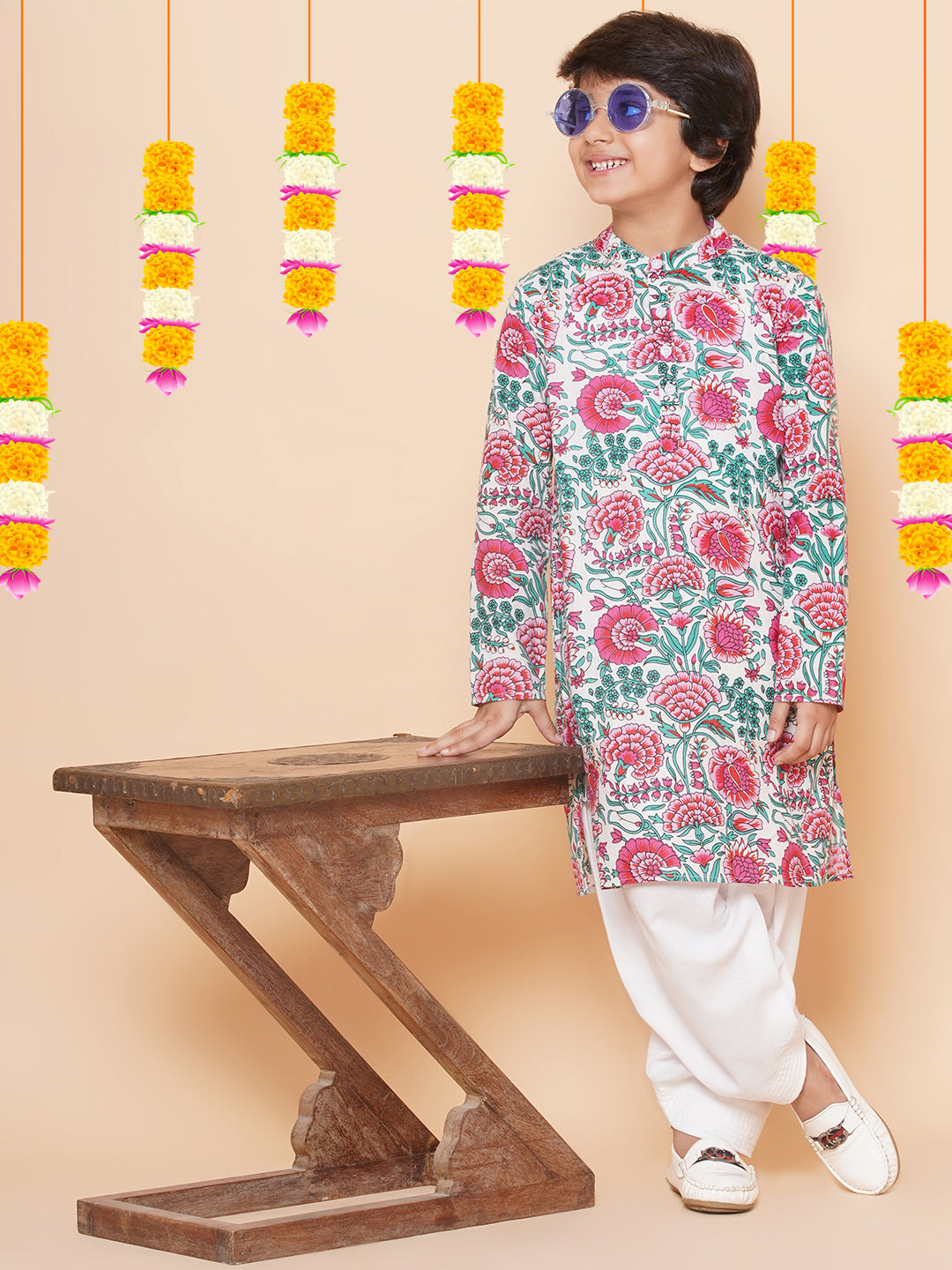 Boys Off White & Pink Printed Kurta with Salwar for Kids - Bhama - Distacart