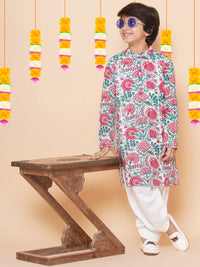 Thumbnail for Boys Off White & Pink Printed Kurta with Salwar for Kids - Bhama - Distacart
