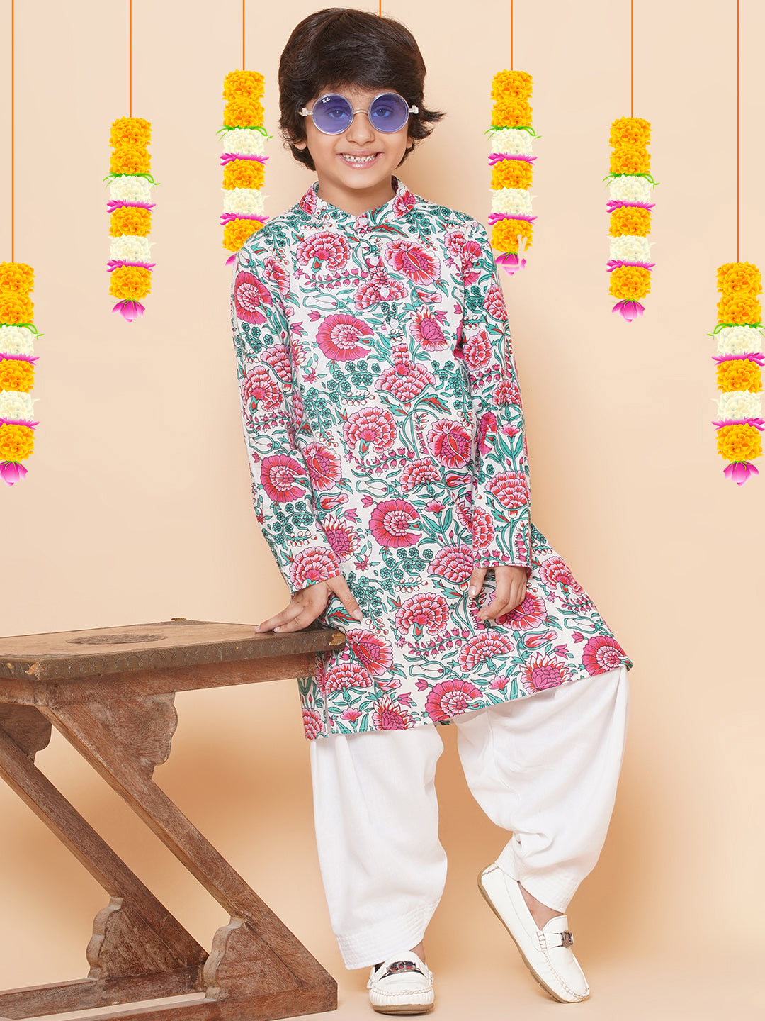 Boys Off White & Pink Printed Kurta with Salwar for Kids - Bhama - Distacart