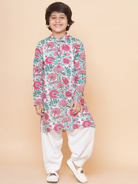 Thumbnail for Boys Off White & Pink Printed Kurta with Salwar for Kids - Bhama - Distacart