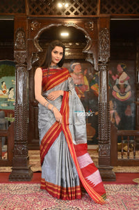 Thumbnail for Very Much Indian Handloom Cotton Viscose Ilkal Saree Bright Grey With Red Border - Distacart