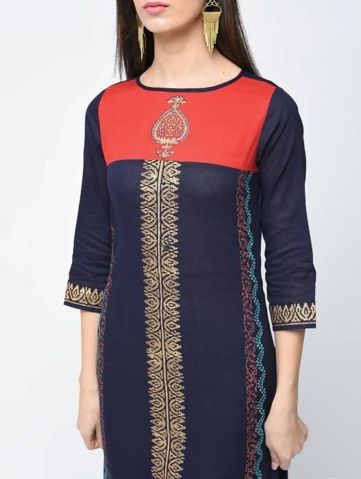 Aniyah Cotton Block Printed Stylish Blue Straight Kurta (AN-121K)