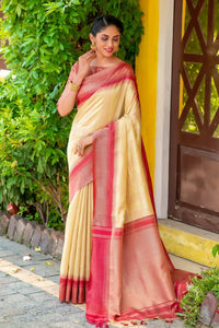 Thumbnail for Vishnu Weaves Women's Beige South Silk Zari Woven Saree with Unstitched Blouse - Distacart