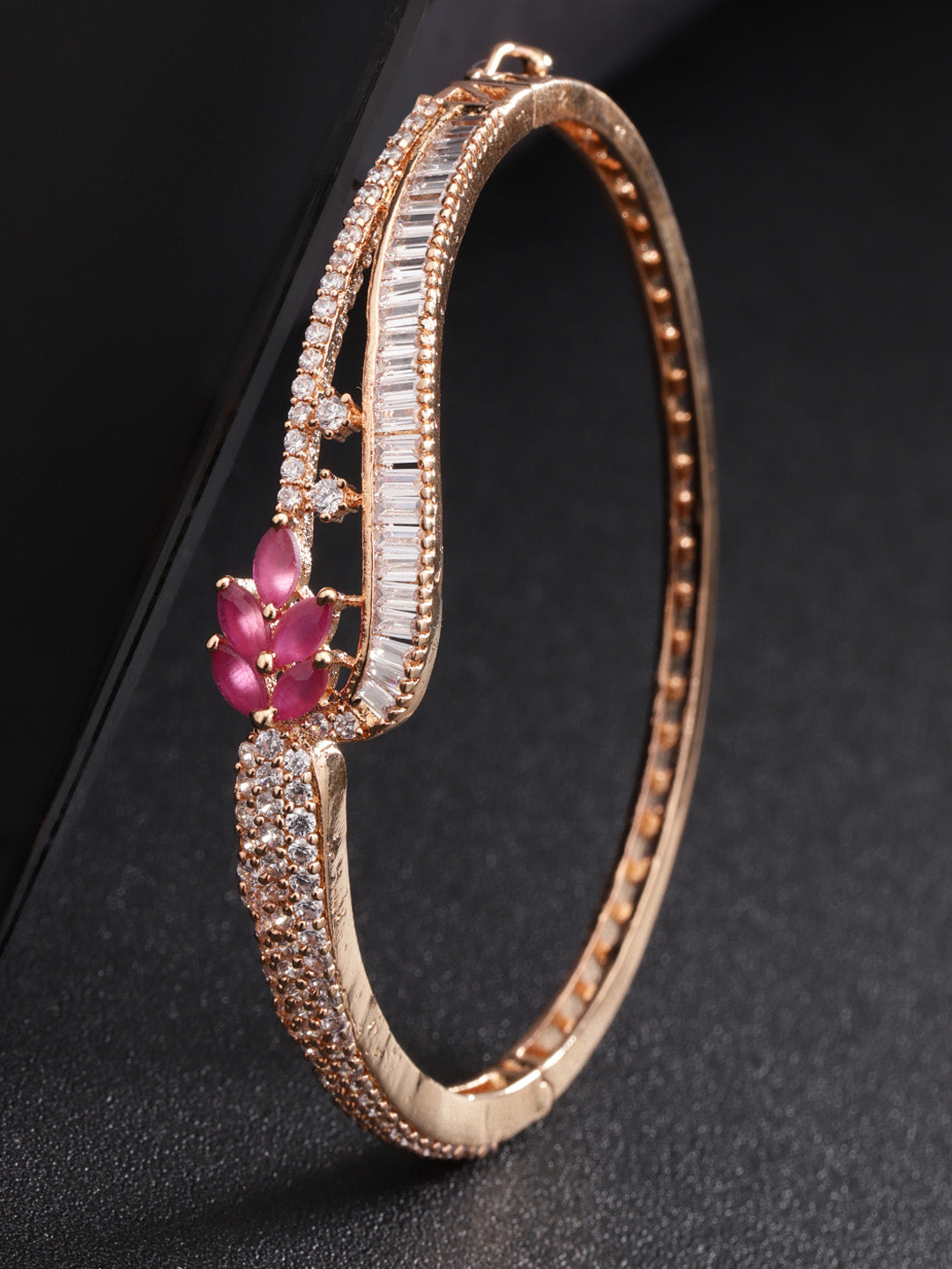 Priyaasi Women Rose Gold-Plated Ruby and American Diamond Studded Bracelet in Floral Pattern - Distacart