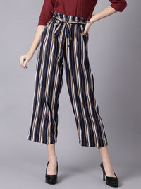 Thumbnail for NOZ2TOZ Women Navy Blue Striped Casual Crepe Trouser - Distacart