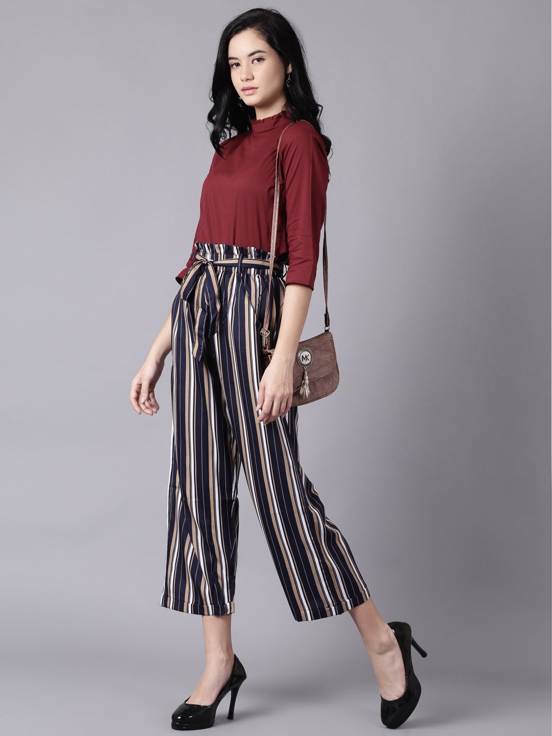NOZ2TOZ Women Navy Blue Striped Casual Crepe Trouser - Distacart
