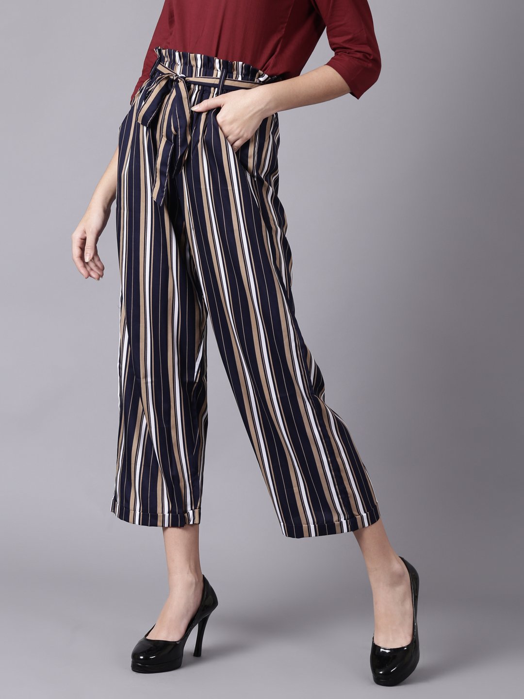 NOZ2TOZ Women Navy Blue Striped Casual Crepe Trouser - Distacart