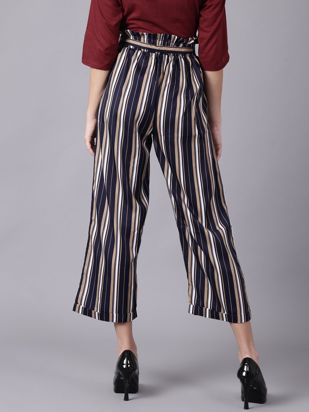 NOZ2TOZ Women Navy Blue Striped Casual Crepe Trouser - Distacart