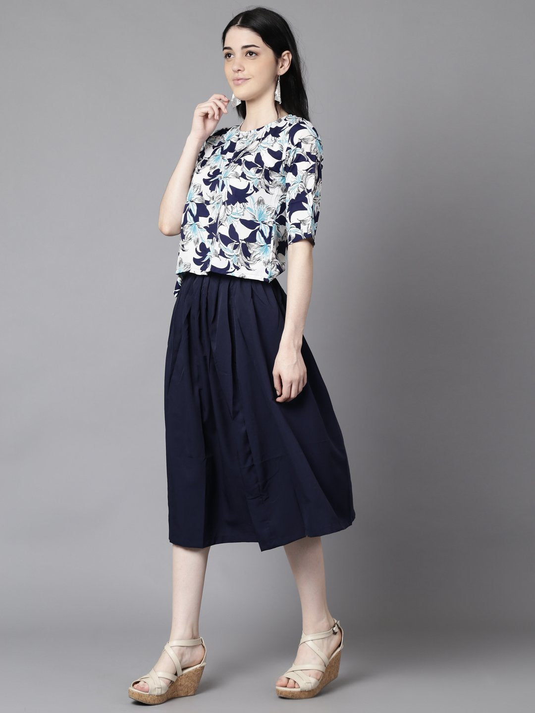 NOZ2TOZ Women Navy Blue Slip-On Polyester Short Sleeves Skirt and Top Set - Distacart