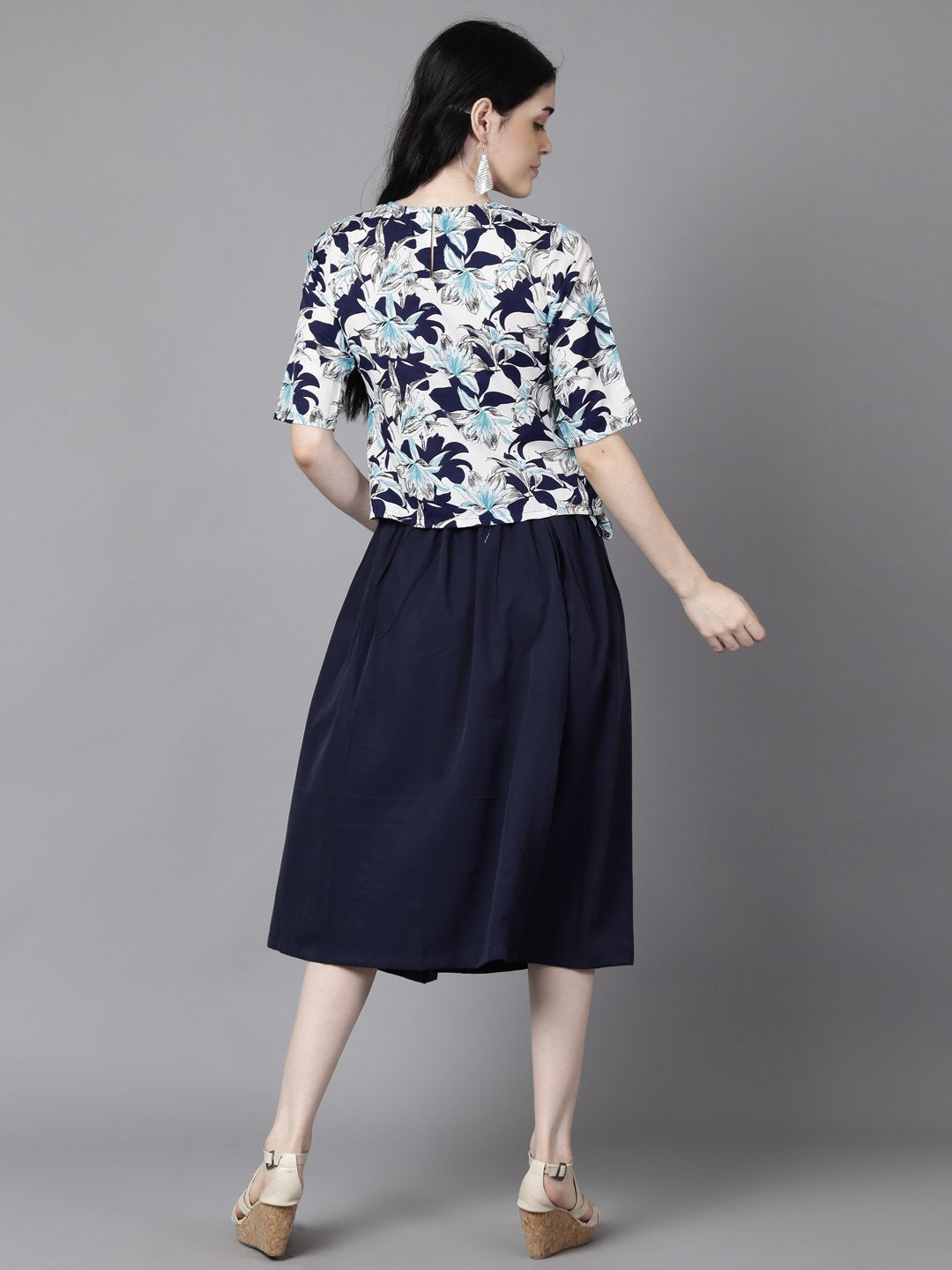 NOZ2TOZ Women Navy Blue Slip-On Polyester Short Sleeves Skirt and Top Set - Distacart