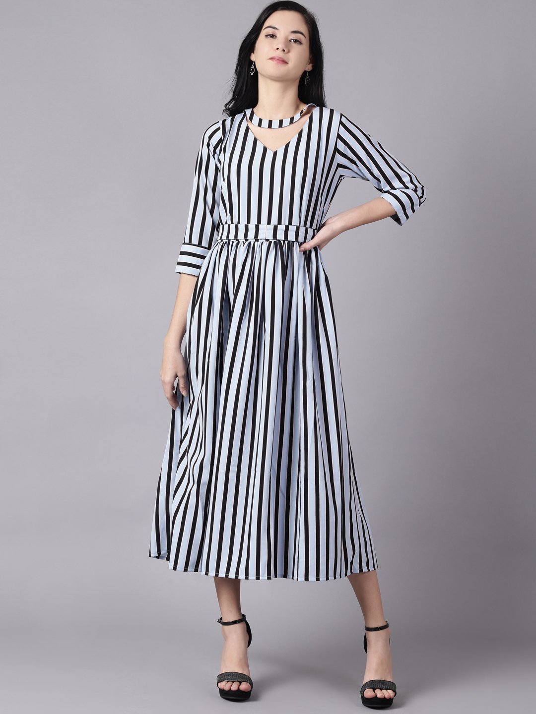 NOZ2TOZ Women Sky Blue Striped Striped Choker Neck A-Line Dress - Distacart