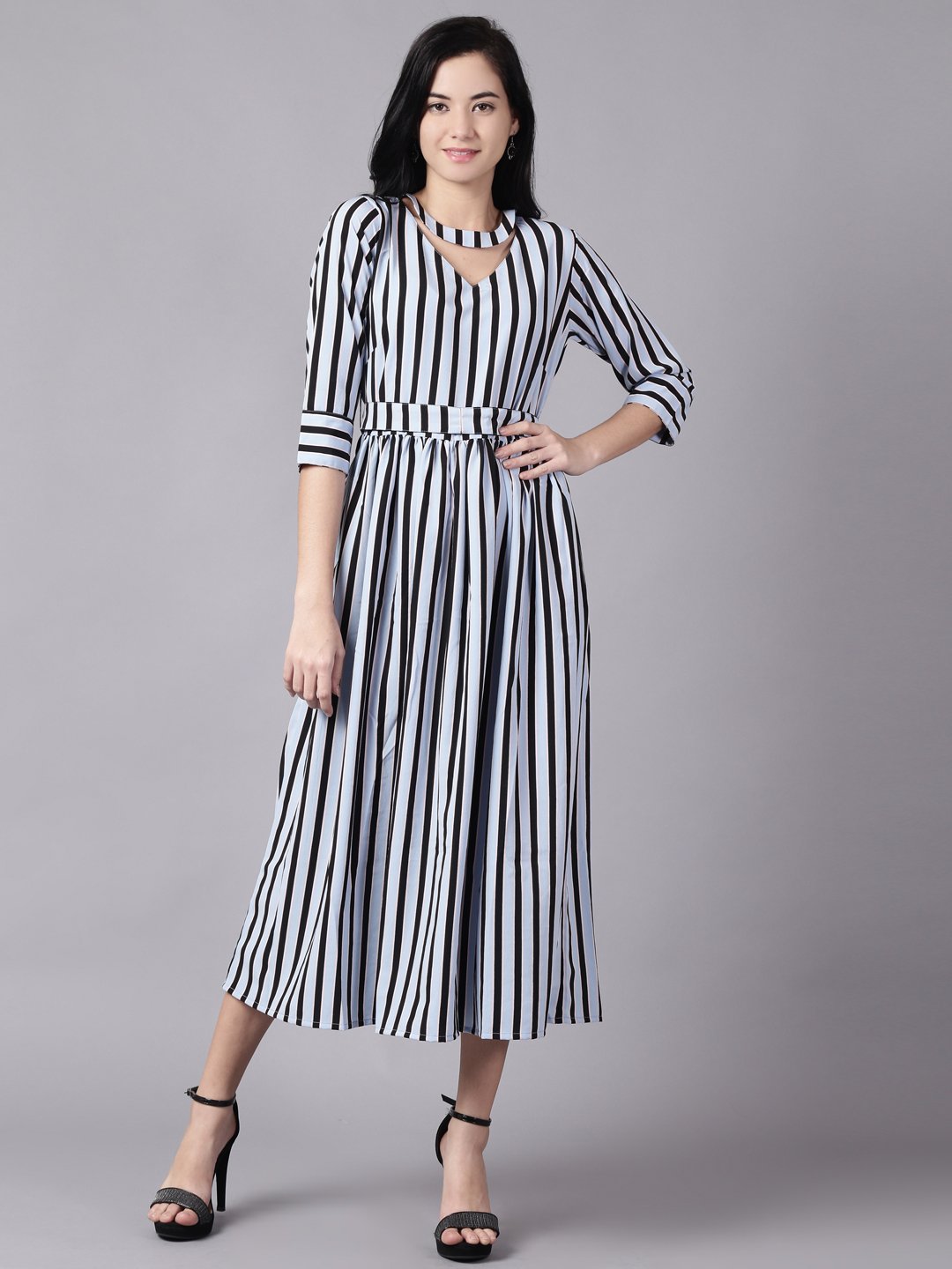 NOZ2TOZ Women Sky Blue Striped Striped Choker Neck A-Line Dress - Distacart