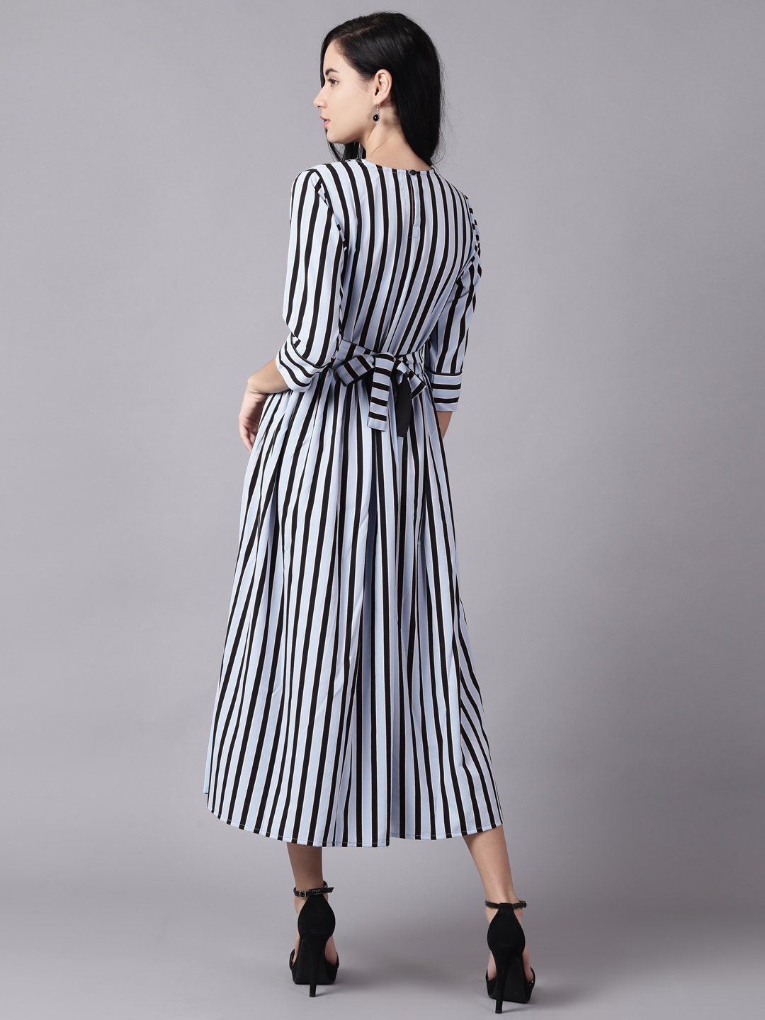 NOZ2TOZ Women Sky Blue Striped Striped Choker Neck A-Line Dress - Distacart