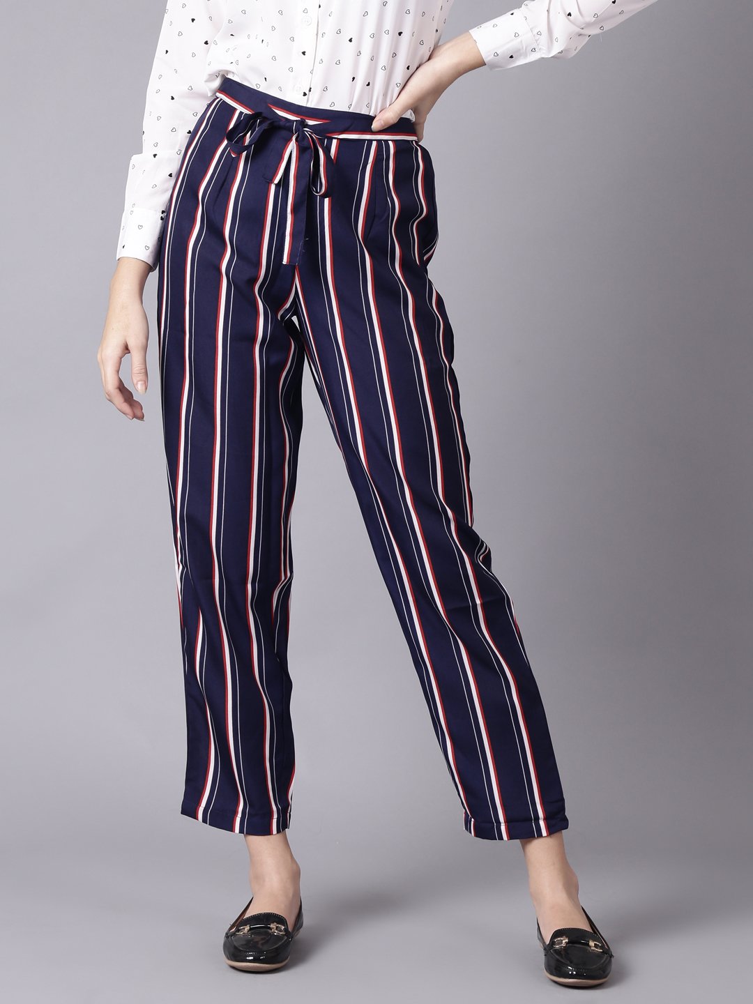 NOZ2TOZ Women Navy Blue Striped Casual Crepe Trouser - Distacart