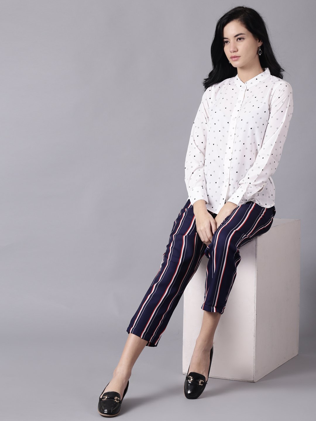 NOZ2TOZ Women Navy Blue Striped Casual Crepe Trouser - Distacart