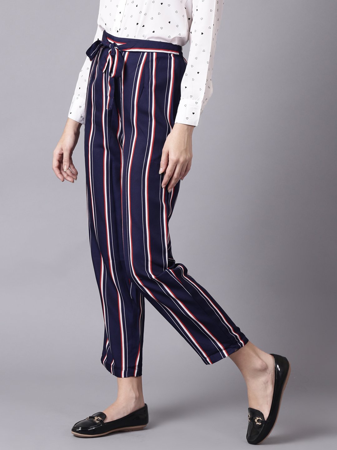 NOZ2TOZ Women Navy Blue Striped Casual Crepe Trouser - Distacart