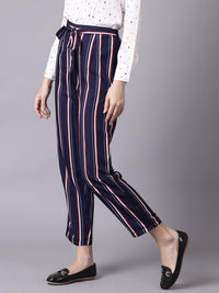 Thumbnail for NOZ2TOZ Women Navy Blue Striped Casual Crepe Trouser - Distacart