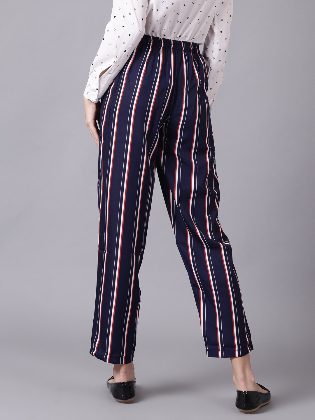NOZ2TOZ Women Navy Blue Striped Casual Crepe Trouser - Distacart