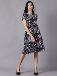 Thumbnail for NOZ2TOZ Women Black Floral Printed Round Neck A-Line Dress - Distacart