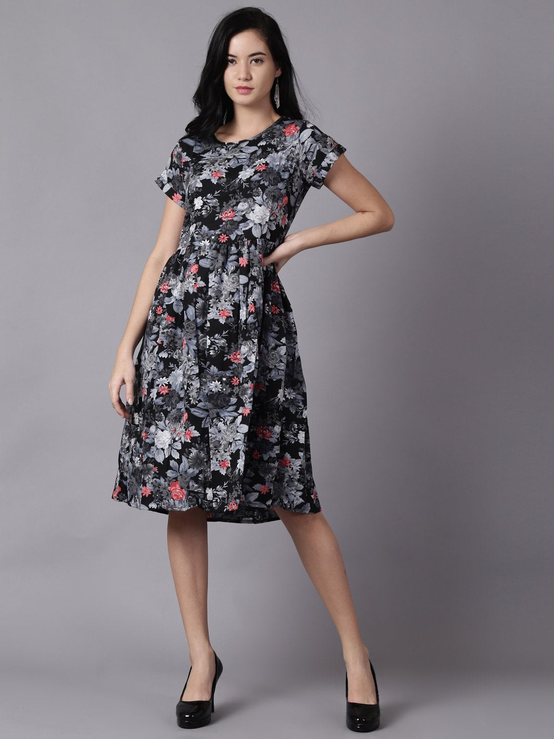 NOZ2TOZ Women Black Floral Printed Round Neck A-Line Dress - Distacart