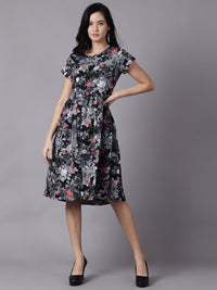 Thumbnail for NOZ2TOZ Women Black Floral Printed Round Neck A-Line Dress - Distacart