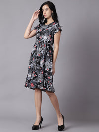 Thumbnail for NOZ2TOZ Women Black Floral Printed Round Neck A-Line Dress - Distacart