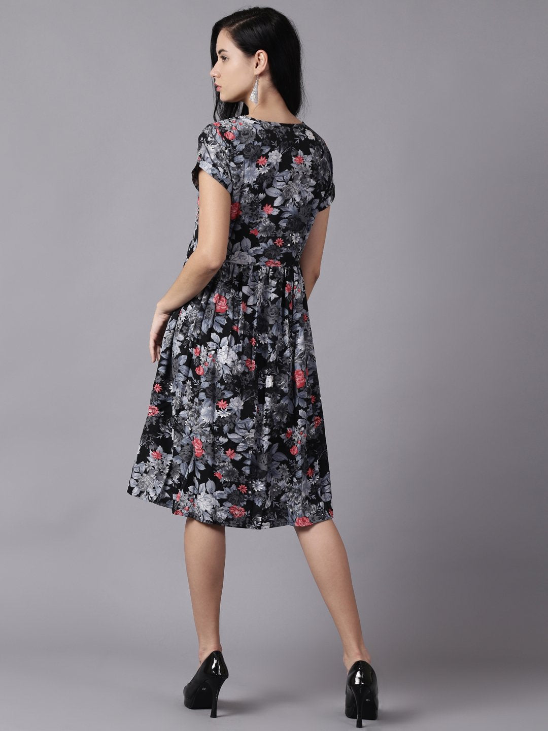 NOZ2TOZ Women Black Floral Printed Round Neck A-Line Dress - Distacart