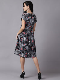 Thumbnail for NOZ2TOZ Women Black Floral Printed Round Neck A-Line Dress - Distacart