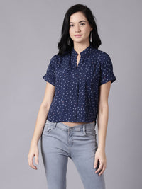 Thumbnail for NOZ2TOZ Women Ink Blue Casual Printed Mandarin Collar Top - Distacart