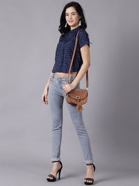 Thumbnail for NOZ2TOZ Women Ink Blue Casual Printed Mandarin Collar Top - Distacart