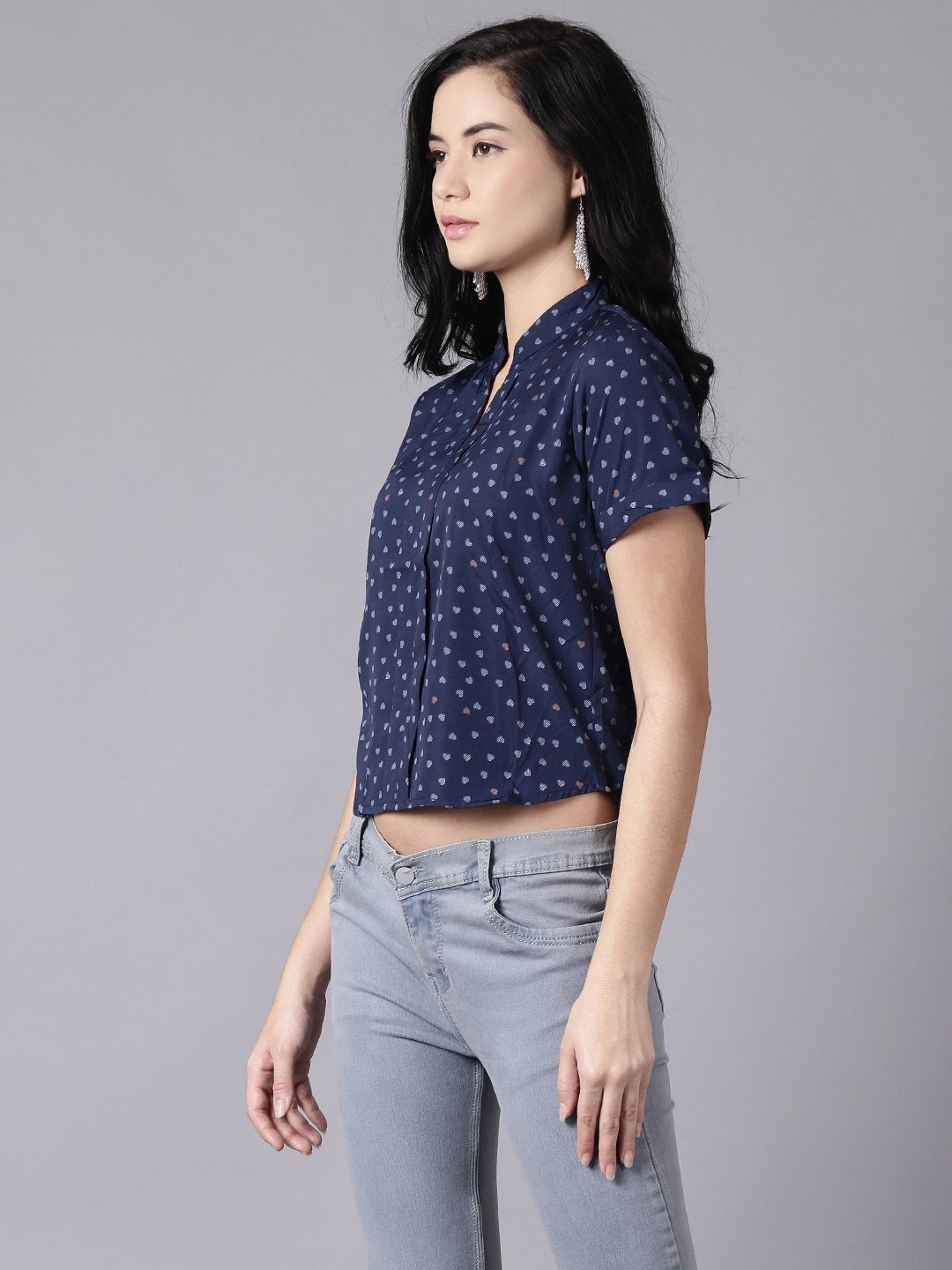 NOZ2TOZ Women Ink Blue Casual Printed Mandarin Collar Top - Distacart