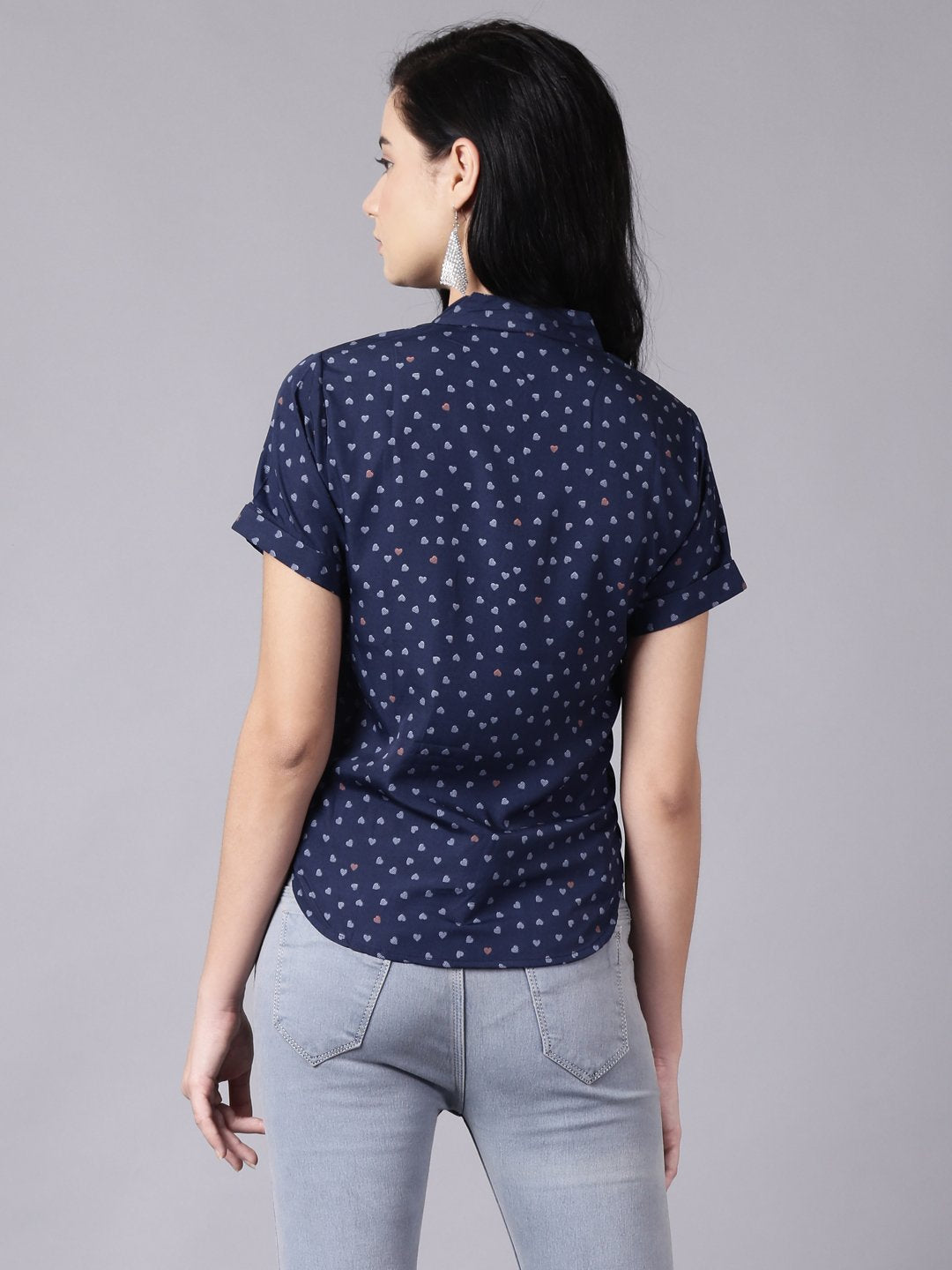 NOZ2TOZ Women Ink Blue Casual Printed Mandarin Collar Top - Distacart