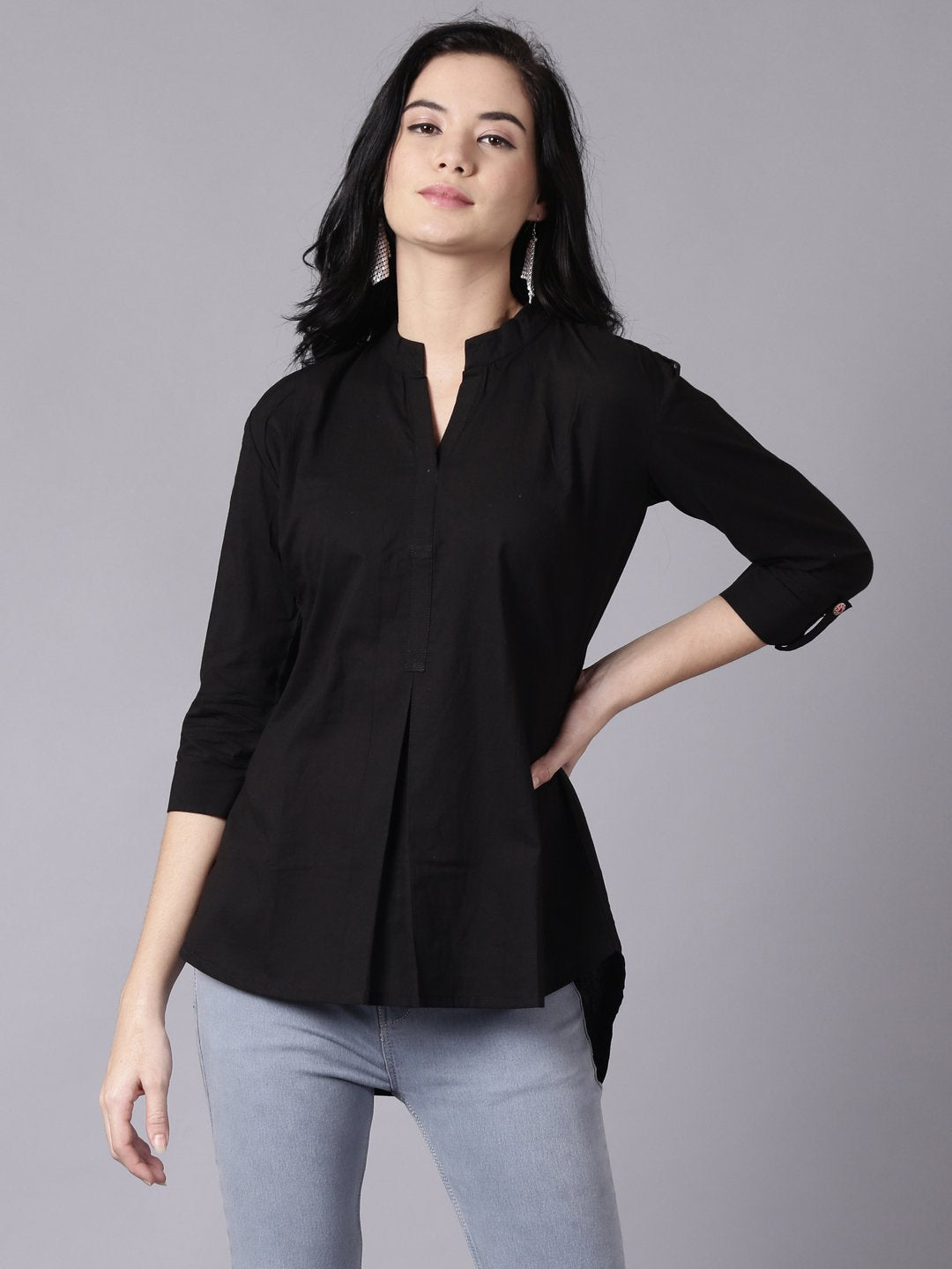 NOZ2TOZ Women Black Casual Printed Mandarin Collar Top - Distacart