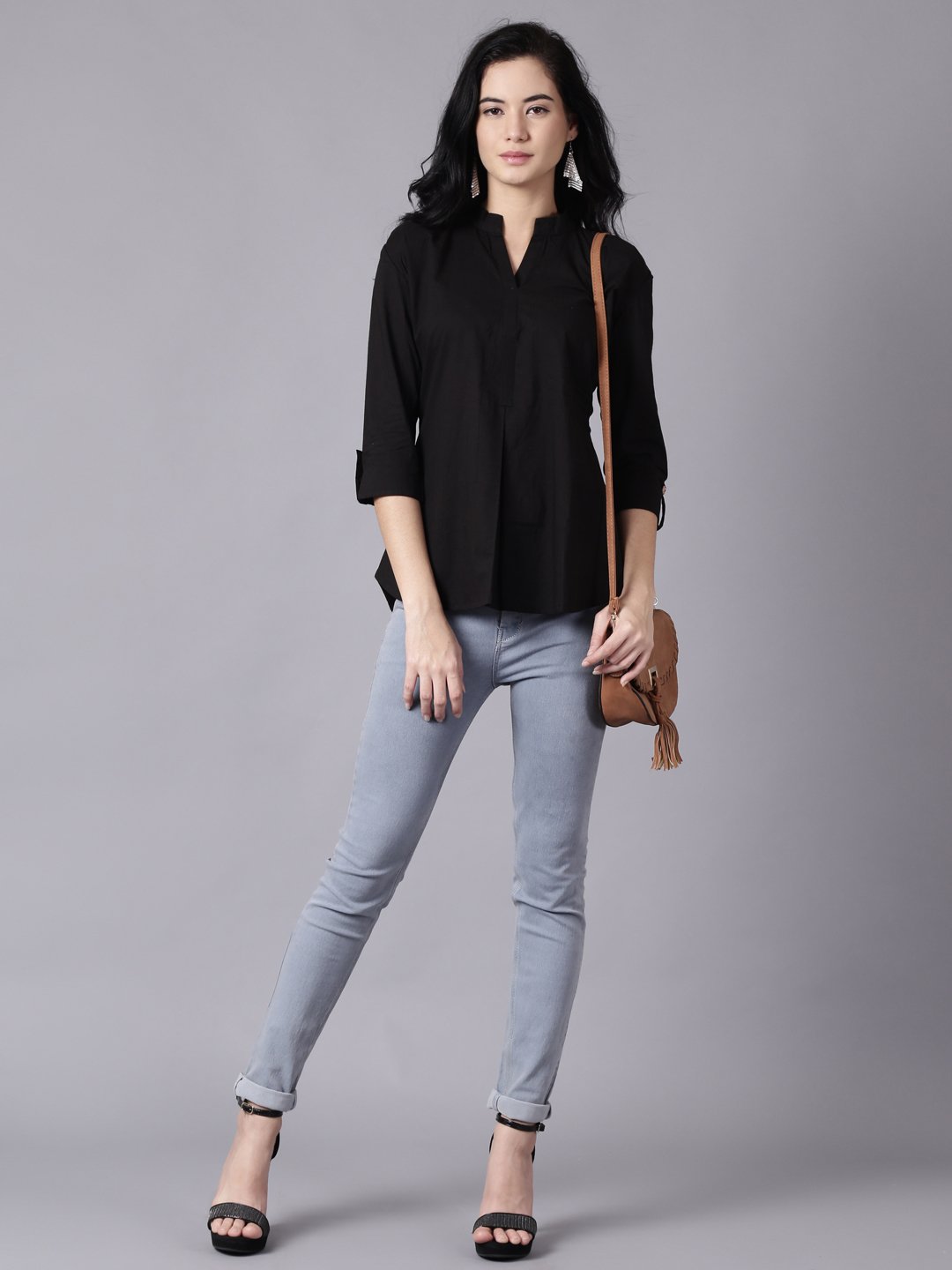 NOZ2TOZ Women Black Casual Printed Mandarin Collar Top - Distacart