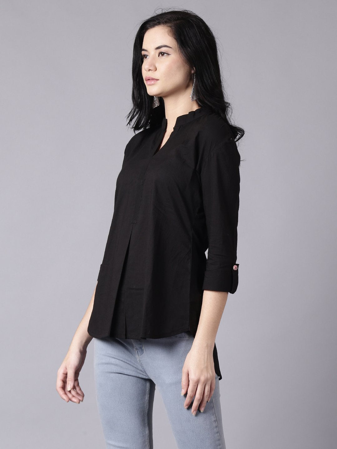 NOZ2TOZ Women Black Casual Printed Mandarin Collar Top - Distacart