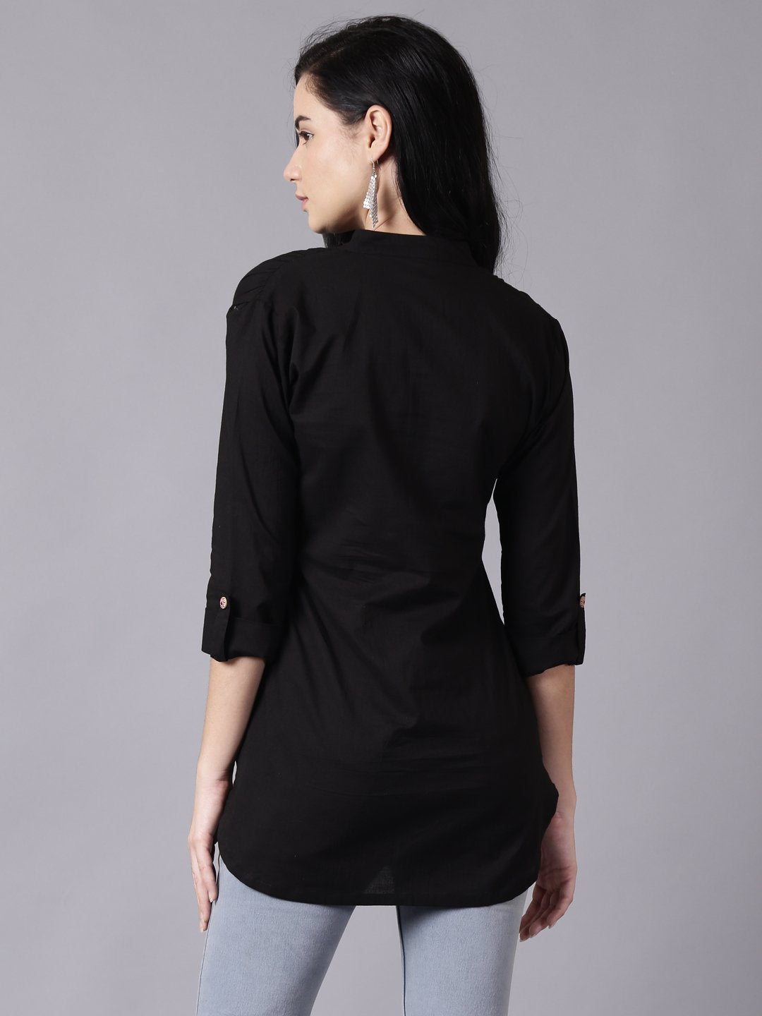 NOZ2TOZ Women Black Casual Printed Mandarin Collar Top - Distacart