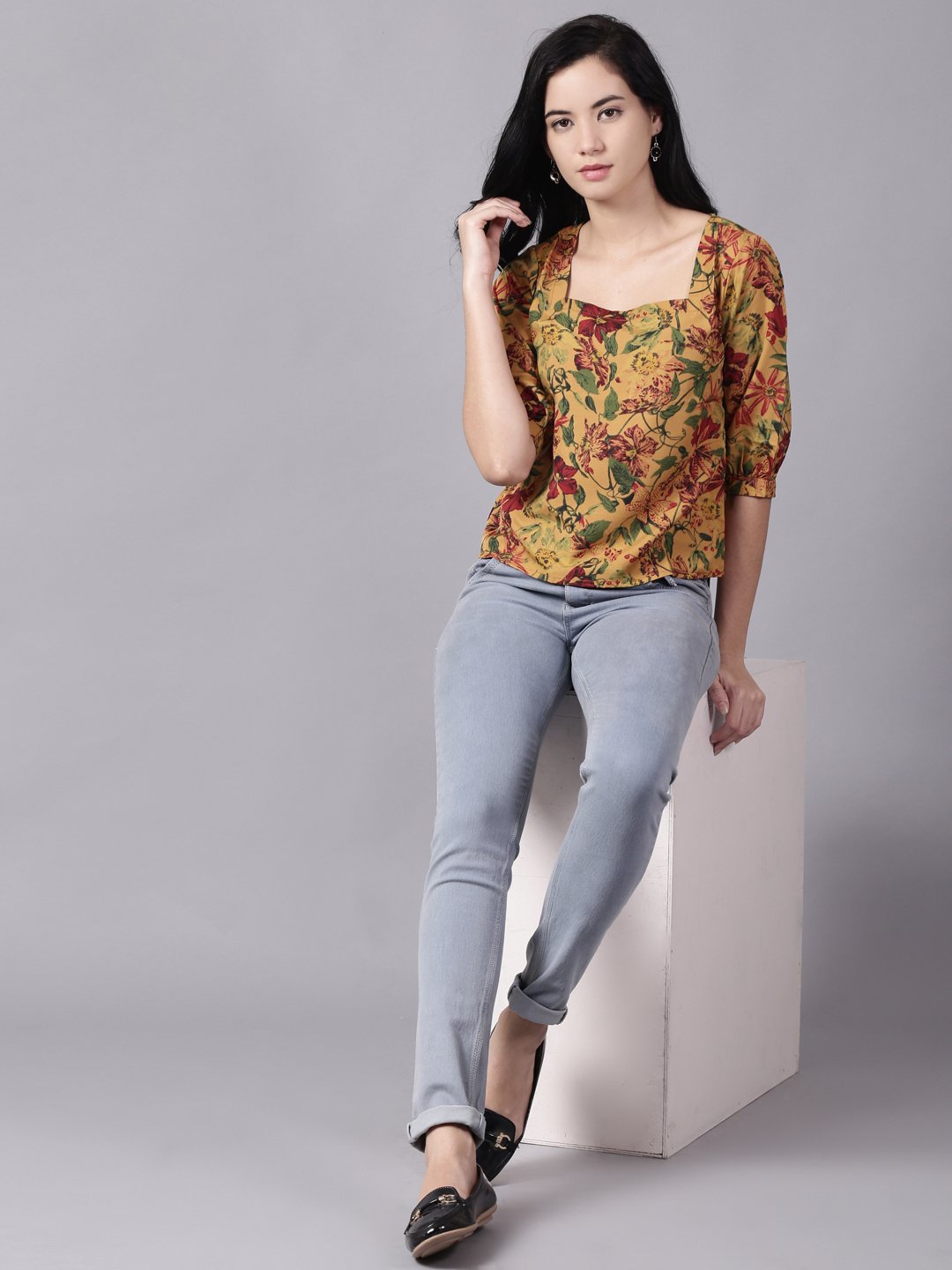 NOZ2TOZ Women Mustard yellow Casual Printed Square Neck Top - Distacart