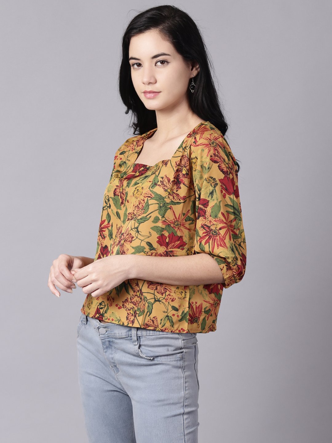 NOZ2TOZ Women Mustard yellow Casual Printed Square Neck Top - Distacart