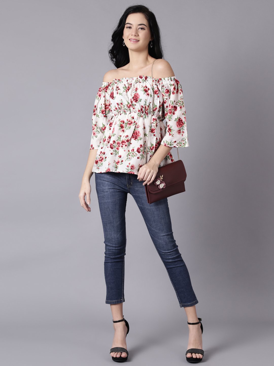 NOZ2TOZ Women Cream Casual Printed Off-Shoulder Top - Distacart