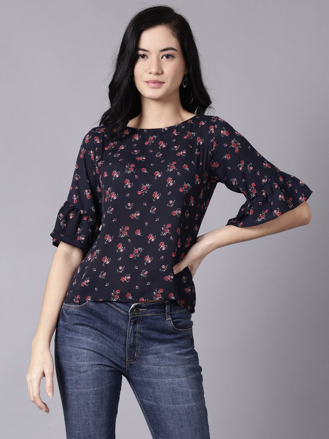 NOZ2TOZ Women Navy Blue Casual Printed Round Neck Top - Distacart