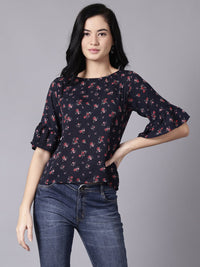 Thumbnail for NOZ2TOZ Women Navy Blue Casual Printed Round Neck Top - Distacart