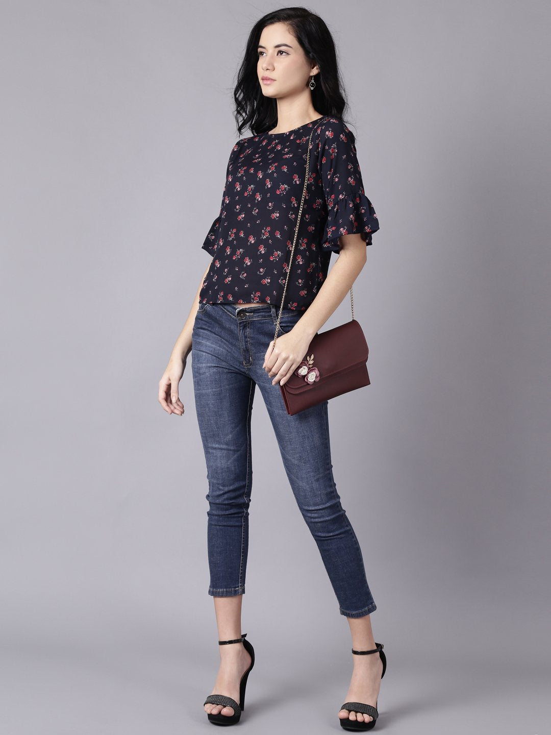 NOZ2TOZ Women Navy Blue Casual Printed Round Neck Top - Distacart