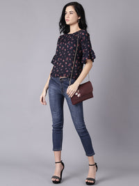 Thumbnail for NOZ2TOZ Women Navy Blue Casual Printed Round Neck Top - Distacart