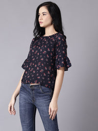 Thumbnail for NOZ2TOZ Women Navy Blue Casual Printed Round Neck Top - Distacart