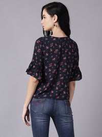 Thumbnail for NOZ2TOZ Women Navy Blue Casual Printed Round Neck Top - Distacart