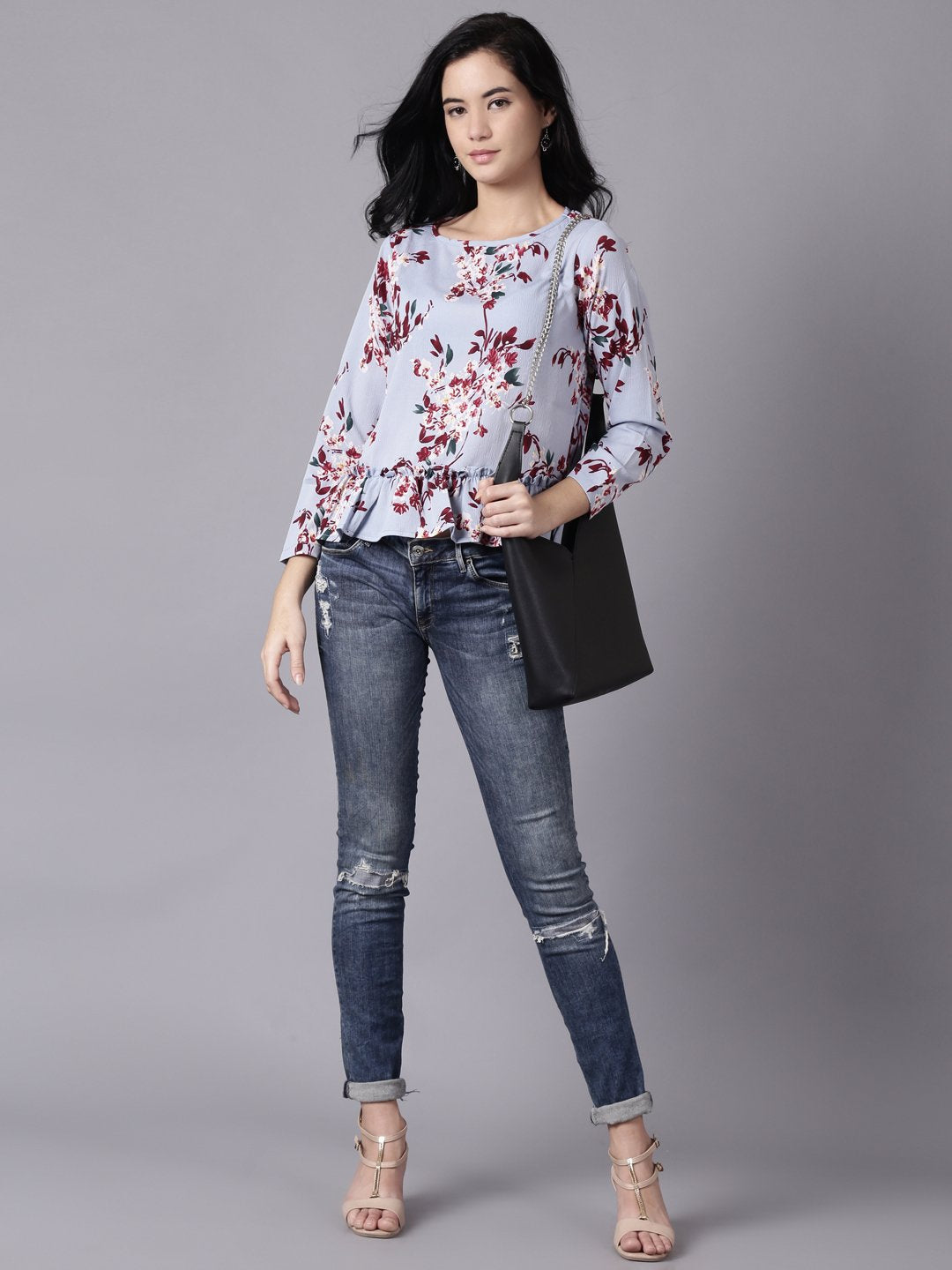 NOZ2TOZ Women Blue Casual Printed Round Neck Top - Distacart