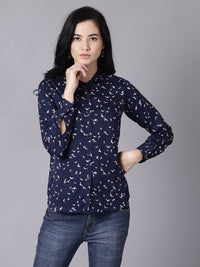 Thumbnail for NOZ2TOZ Women Navy Blue Regular Printed Mandarin Collar Crepe Shirt - Distacart