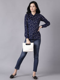 Thumbnail for NOZ2TOZ Women Navy Blue Regular Printed Mandarin Collar Crepe Shirt - Distacart