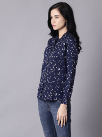 Thumbnail for NOZ2TOZ Women Navy Blue Regular Printed Mandarin Collar Crepe Shirt - Distacart